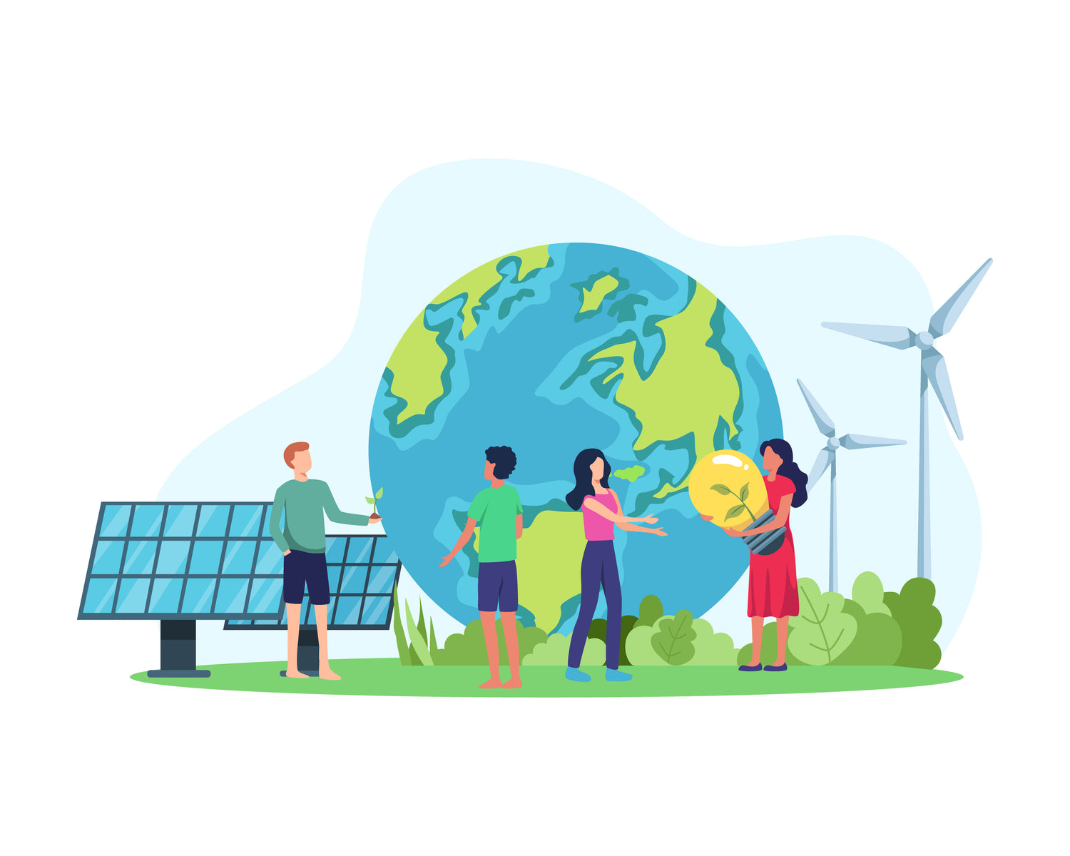 People with environmentally friendly energy, Solar panel and wind turbine.